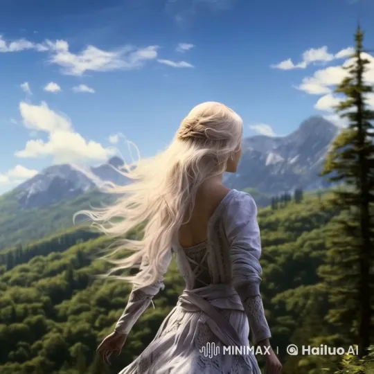 Blonde Woman Admires Majestic Mountain Landscape – AI Generated Video | Hailuo AI