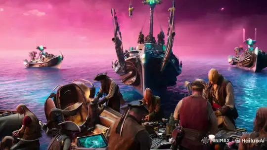 Space Pirates Maintain Ships on Ethereal Ocean – AI Generated Video | Hailuo AI