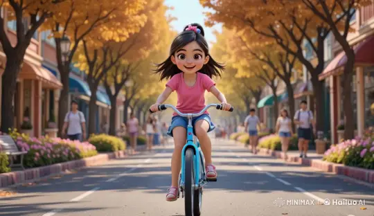 Joyful Girl Rides Bicycle on Colorful Autumn Street – AI Generated Video | Hailuo AI
