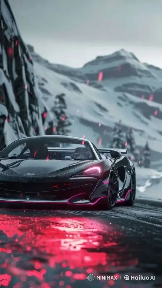 3D Sports Car Showcases Neon Glamour on Snowy Mountain Road – AI Generated Video | Hailuo AI