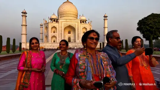 Foreigners in Traditional Attire at Dawn-Taj Mahal – AI Generated Video | Hailuo AI