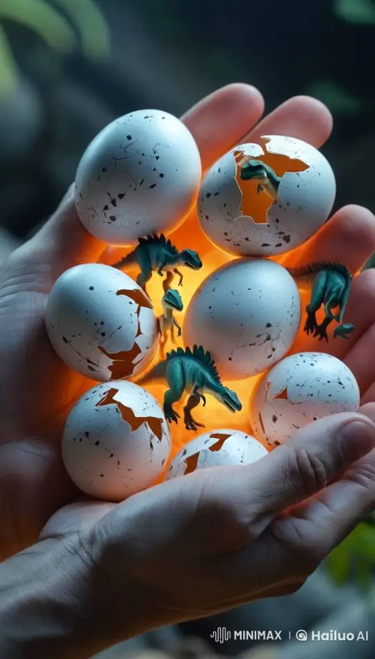 Hands Cradle Hatching Dinosaur Eggs – AI Generated Video | Hailuo AI