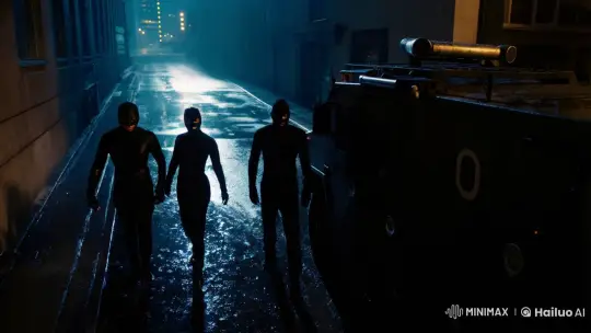 Mysterious Figures in Slow Motion Against Urban Alley – AI Generated Video | Hailuo AI