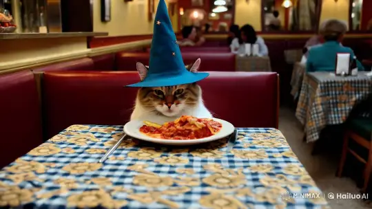 Wizard Cat Enjoys Lasagna in 90s Italian Ambiance – AI Generated Video | Hailuo AI