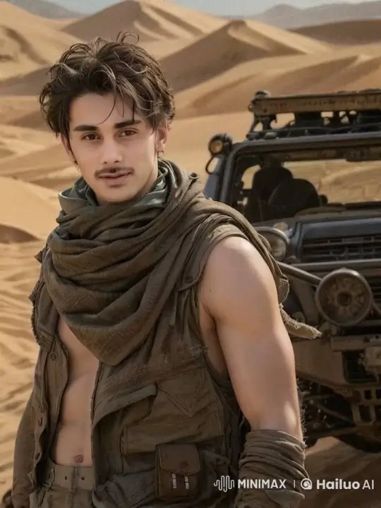 Survivor Stands with Off-Road Vehicle in Desert – AI Generated Video | Hailuo AI