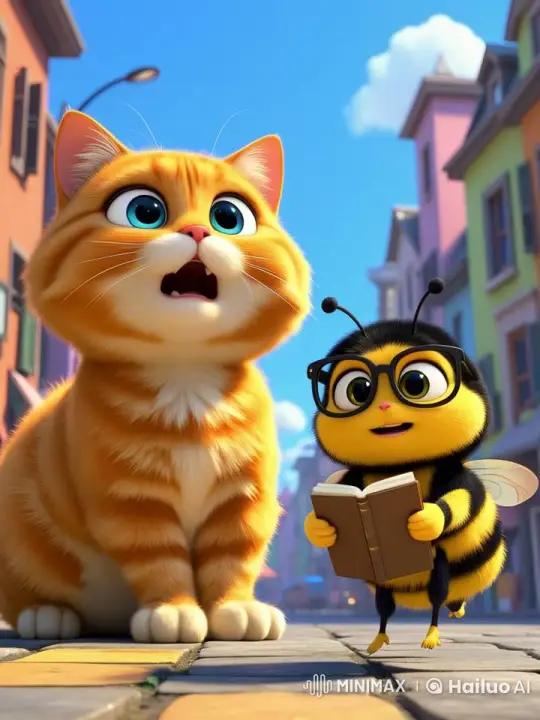 Curious Cat Meets Scholarly Bumblebee in Whimsical Neighborhood – AI Generated Video | Hailuo AI