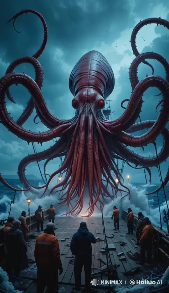 Vampire Squid Attacks Fishermen Amidst Stormy Seas – AI Generated Video | Hailuo AI