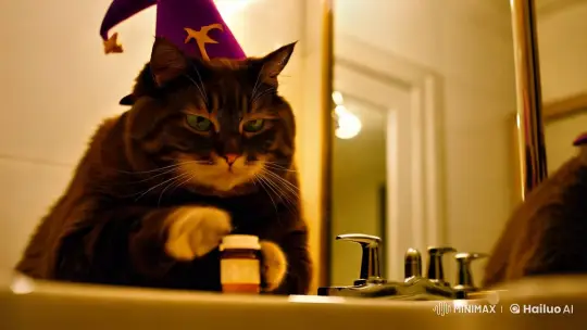 Whimsical Cat with Wizard Hat Mirrors Vintage Scene – AI Generated Video | Hailuo AI