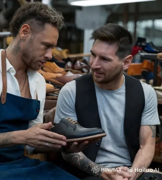 Master Craftsman Neymar Presents Bespoke Shoes to Messi – AI Generated Video | Hailuo AI