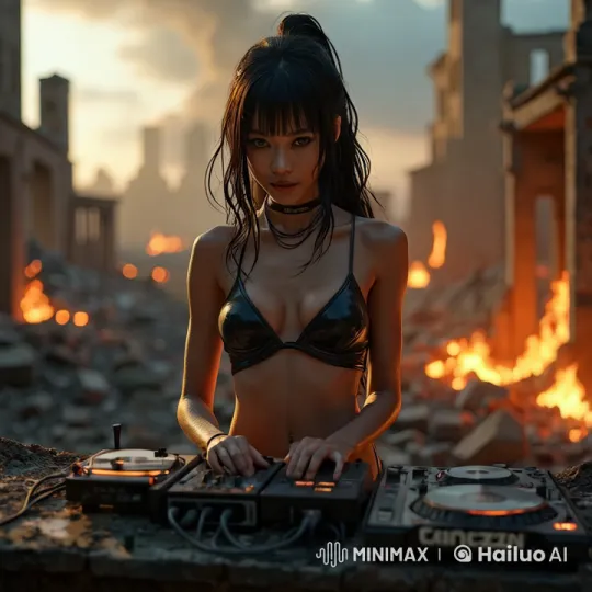 Apocalyptic DJ: Woman Performs with Intensity Amidst Flames – AI Generated Video | Hailuo AI