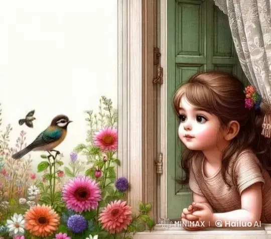 Young Girl Admires Colorful Birds in Tranquil Garden – AI Generated Video | Hailuo AI