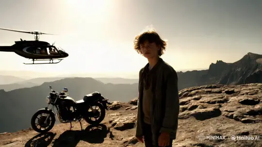 Young Man on Mountain with Motorcycle and Helicopter – AI Generated Video | Hailuo AI