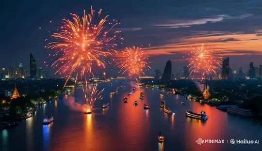 Vibrant Nighttime City Celebration Over River – AI Generated Video | Hailuo AI