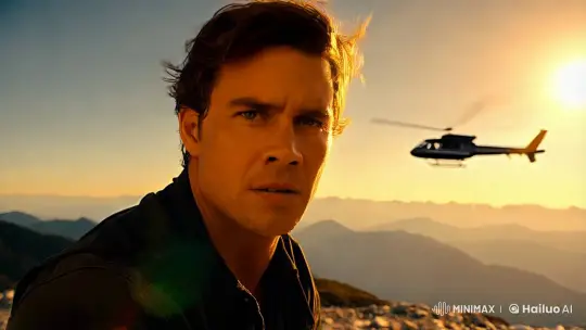 Determined Man Prepares for Action in Mountainous Helicopter Scene – AI Generated Video | Hailuo AI