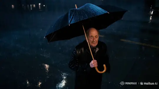 Elderly Man Battling Wind and Rain on City Street – AI Generated Video | Hailuo AI
