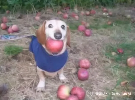 Playful Dog Escapes with Apple in Orchard – AI Generated Video | Hailuo AI