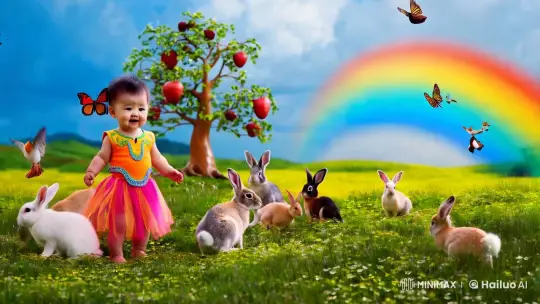 Child in Wonderland: Enchanted Meadow with Animals – AI Generated Video | Hailuo AI