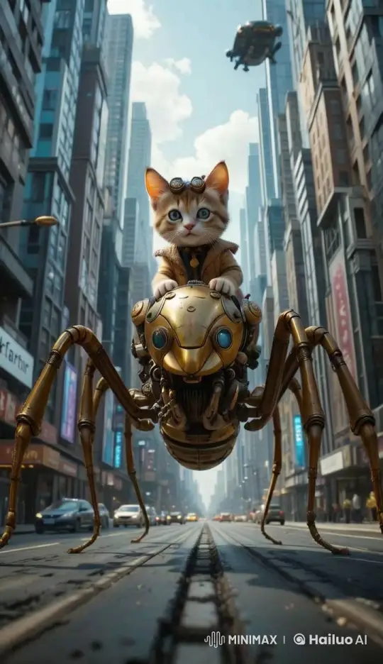 Futuristic Cityscape: Cat on Mechanical Spider Adventure – AI Generated Video | Hailuo AI