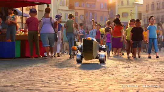 Clunky Robot Rollo Navigates Bustling Town Square – AI Generated Video | Hailuo AI