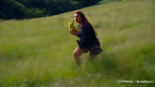 Focused Sprinter with Banana in Serene Meadow – AI Generated Video | Hailuo AI