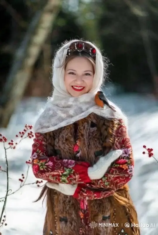 Confident Person in Ornate Winter Ensemble Amidst Serene Forest – AI Generated Video | Hailuo AI