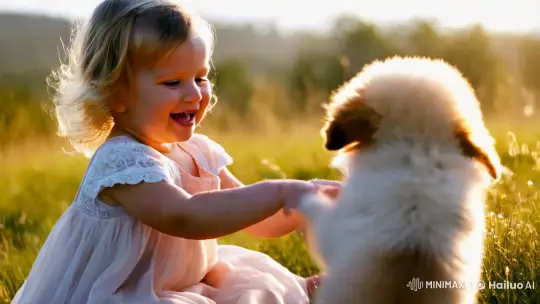 Child and Puppy Play in Golden Meadow Light – AI Generated Video | Hailuo AI