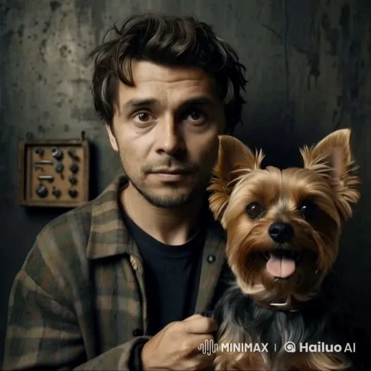 Man with Terrier Amidst Dark Background – AI Generated Video | Hailuo AI