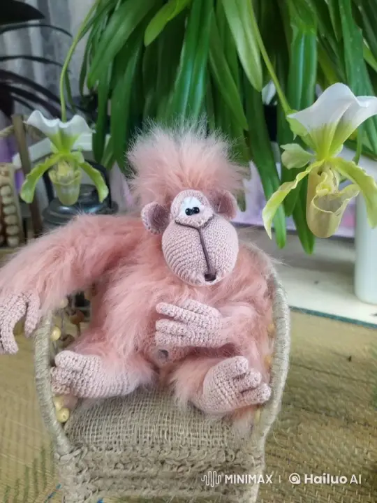 Crochet Monkey Relaxes in Cozy Indoor Garden – AI Generated Video | Hailuo AI