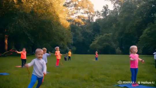 Morning Exercise in Serene Park with Children – AI Generated Video | Hailuo AI