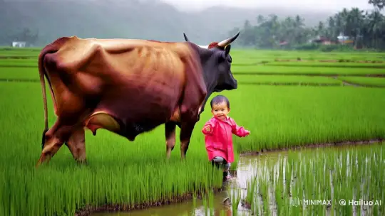 Joyful Child and Cow in Lush Rice Field – AI Generated Video | Hailuo AI