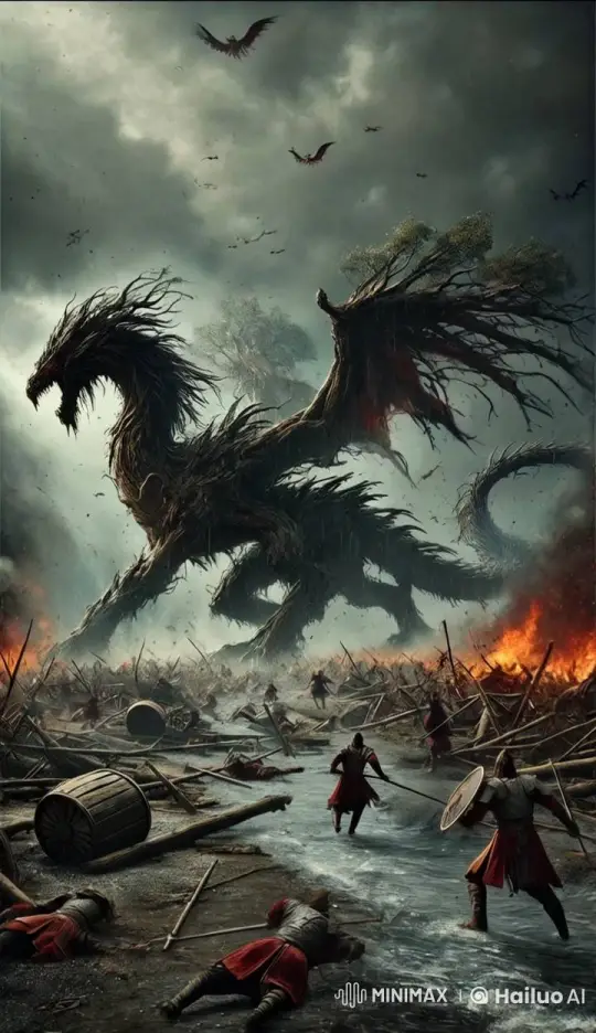 Stormy Battlefield with Fiery Dragon and Struggling Soldiers – AI Generated Video | Hailuo AI
