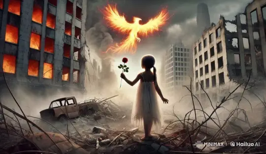 Young Girl with Rose Amidst Post-Apocalyptic Cityscape – AI Generated Video | Hailuo AI