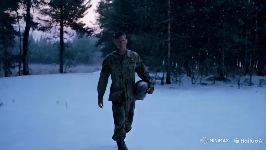 Soldier's Journey Through Snowy Forest at Dusk – AI Generated Video | Hailuo AI