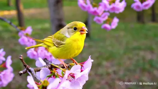 Vibrant Canary Serenades in Cherry Blossom Sanctuary – AI Generated Video | Hailuo AI