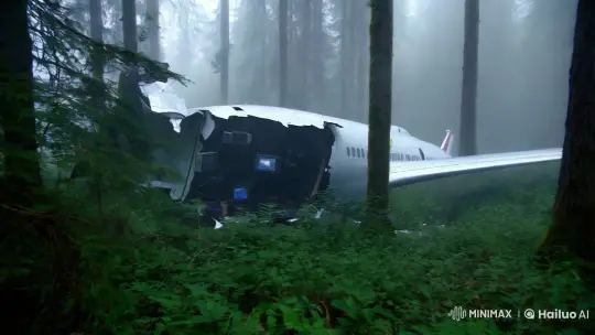 Misty Forest Conceals Aircraft Wreckage – AI Generated Video | Hailuo AI