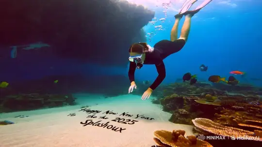 Free Diver Writes 'Happy New Year 2025' Underwater – AI Generated Video | Hailuo AI