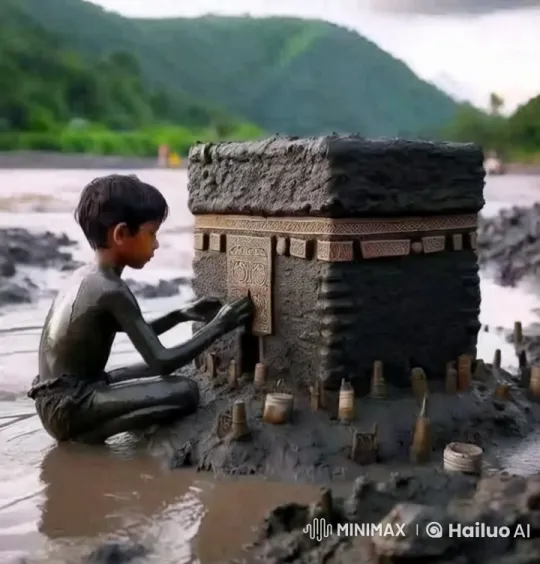 Boy Builds Clay House by Riverbank – AI Generated Video | Hailuo AI