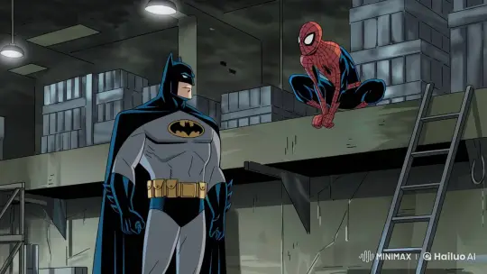 Batman and Spiderman Converse in a Dimly Lit Warehouse – AI Generated Video | Hailuo AI