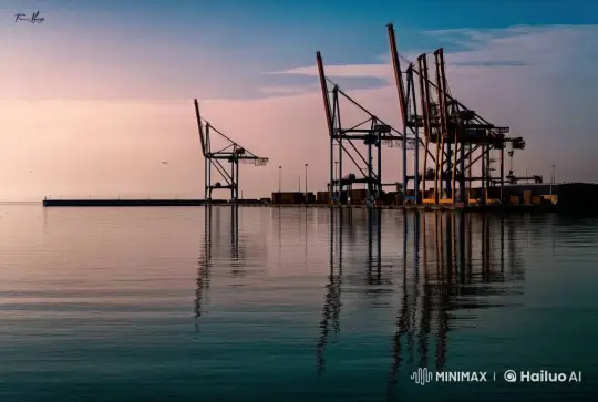 Tranquil Port at Sunset: Industrial Meets Nature – AI Generated Video | Hailuo AI