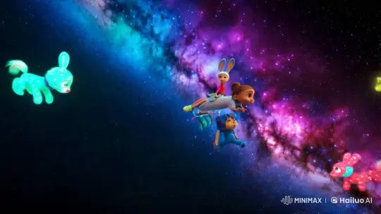 Cosmic Journey: Animated Characters Glide Through Starry Galaxy – AI Generated Video | Hailuo AI