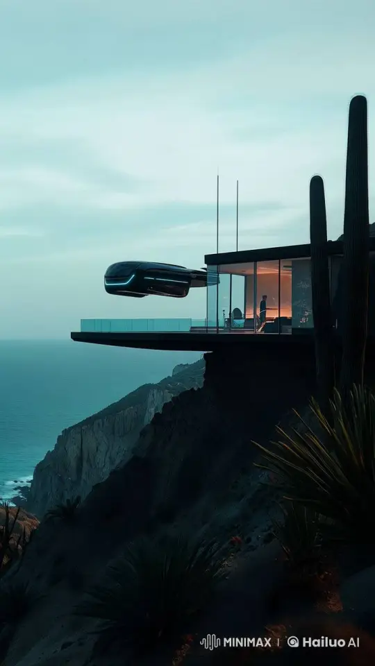Futuristic Ship Glides Away from Modern Coastal House – AI Generated Video | Hailuo AI