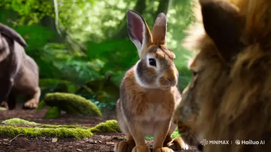 Rabbit Outsmarts Lion in Forest Clearing Scene – AI Generated Video | Hailuo AI