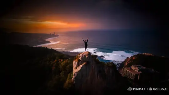 Sunset Solitude: Figure Embraces Ocean Breeze – AI Generated Video | Hailuo AI