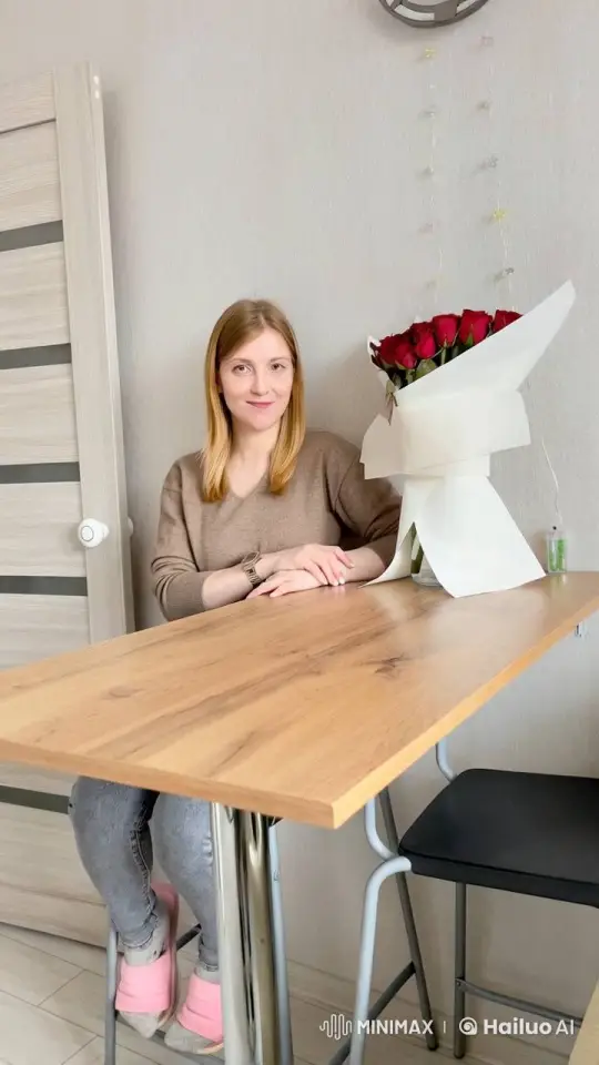Woman at Table Admires Roses in Minimalist Room – AI Generated Video | Hailuo AI