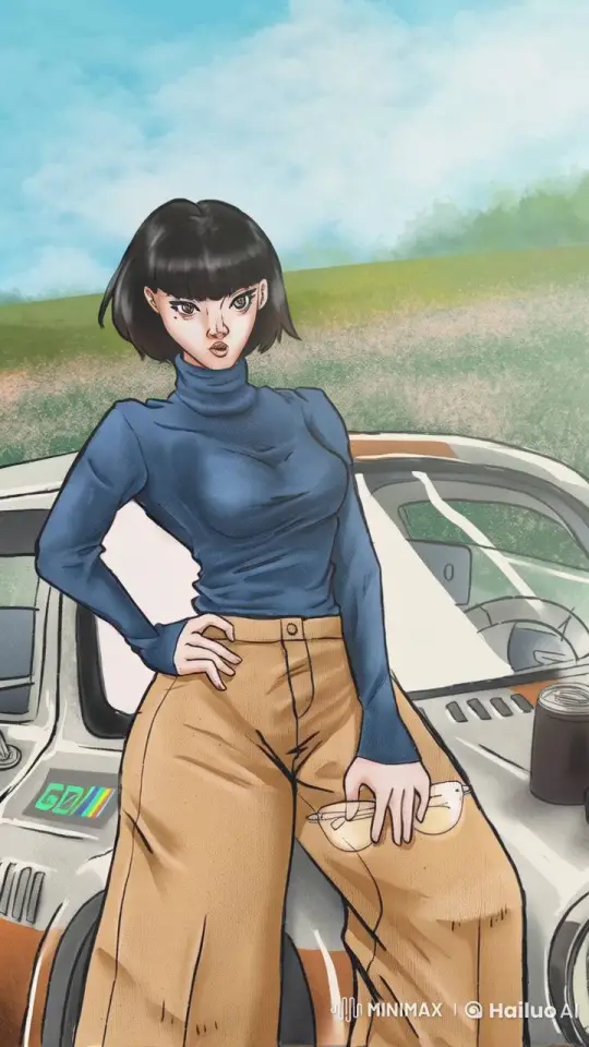 Confident Model Showcases Fashion by Retro Car in Live2D Animation – AI Generated Video | Hailuo AI