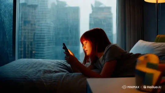 Intimate Night: Girl, Smartphone, and Rainy Cityscape – AI Generated Video | Hailuo AI