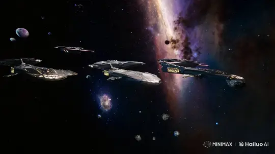 Futuristic Spacecraft Fleet in Majestic Cosmic Voyage – AI Generated Video | Hailuo AI