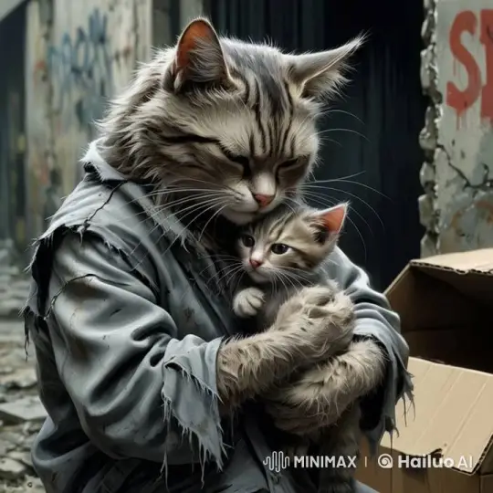 Resilient Cat Nurtures Kitten on Gritty Street – AI Generated Video | Hailuo AI