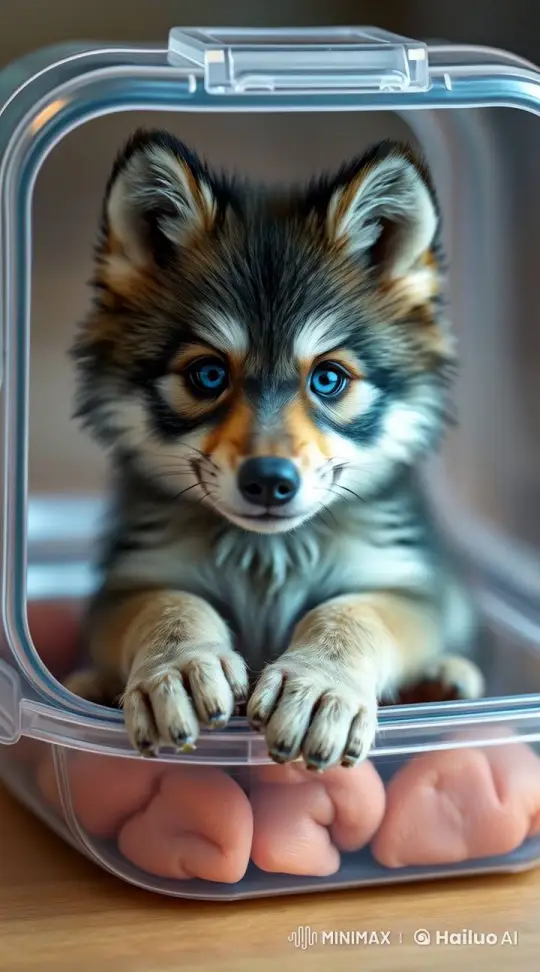 Fluffy Animal with Blue Eyes in Cozy Plastic Container – AI Generated Video | Hailuo AI