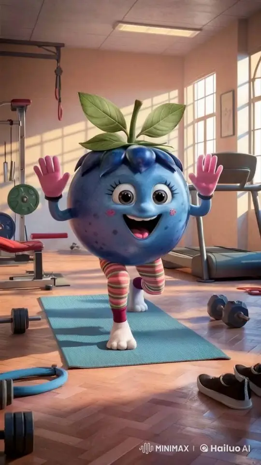 Anthropomorphic Blueberry Enthusiastically Works Out in Bright Gym – AI Generated Video | Hailuo AI